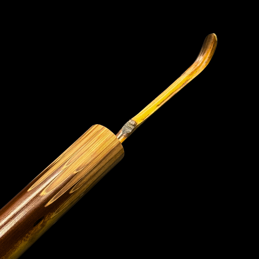 Emptea Katana Smoked Bamboo Scoop with a traditional tea chest (Chashaku 刀)