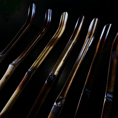 Emptea Katana Smoked Bamboo Scoop with a traditional tea chest (Chashaku 刀)